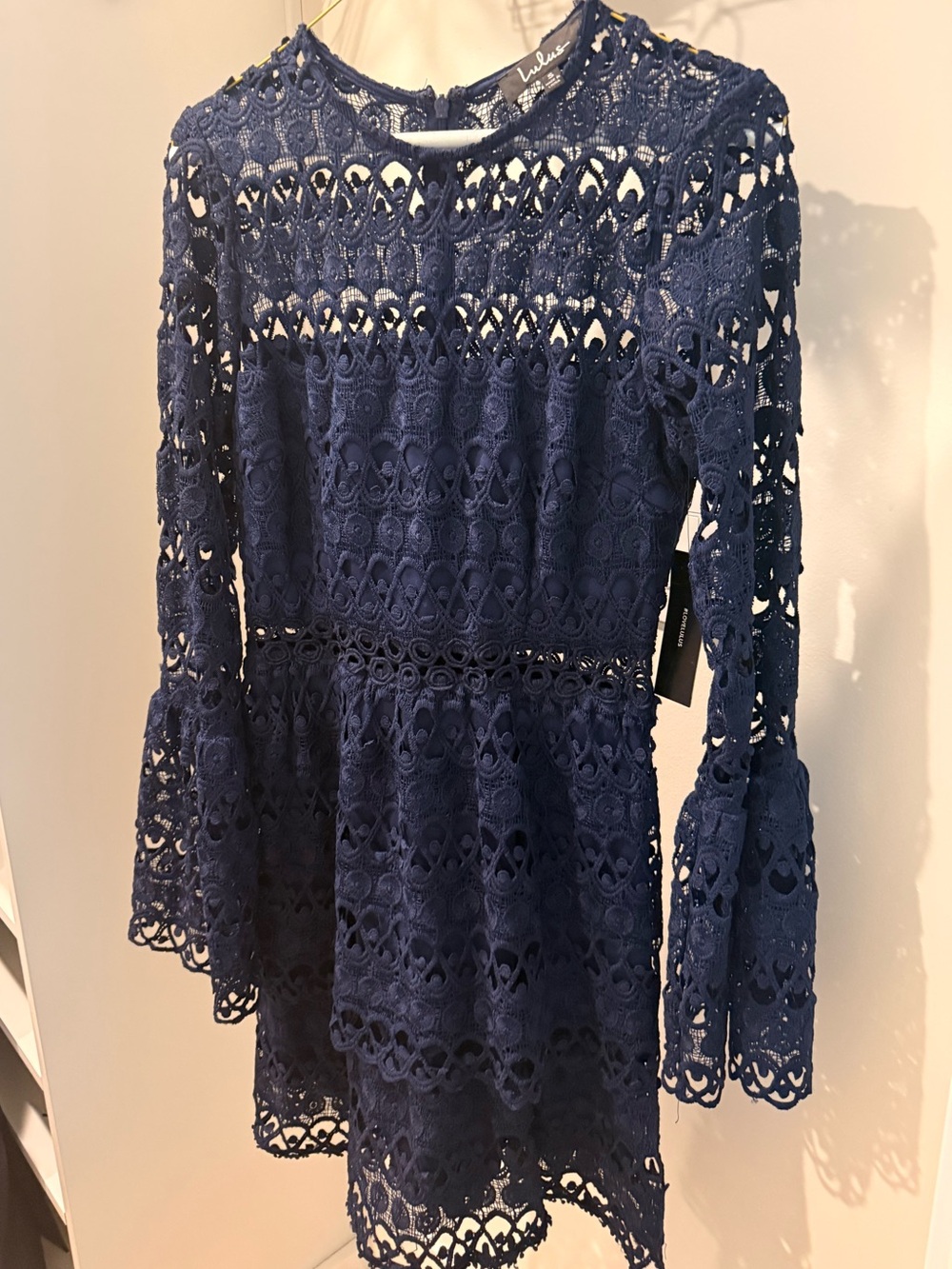 Lulu's Navy Crochet Lace Long-Sleeve Fit & Flare Mini Dress